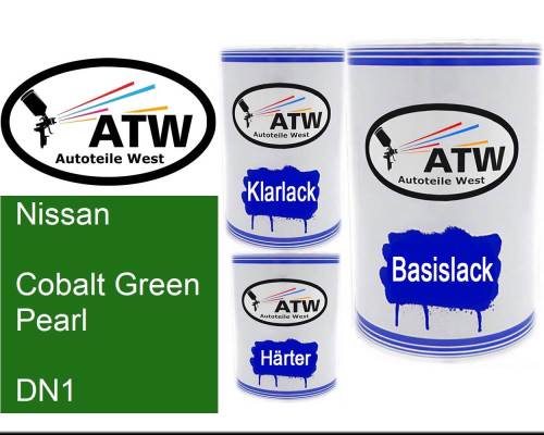 Nissan, Cobalt Green Pearl, DN1: 500ml Lackdose + 500ml Klarlack + 250ml Härter - Set, von ATW Autoteile West.